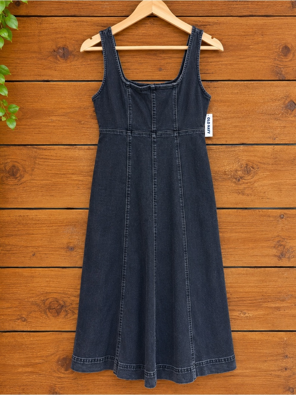 NWT Old Navy Black Denim Midi Dress XS Petite Square Neck Stretch Cotton